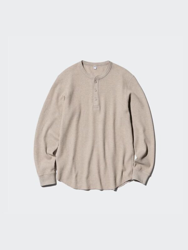Waffle Henley Neck Pullover Long Sleeve T-Shirt Casual