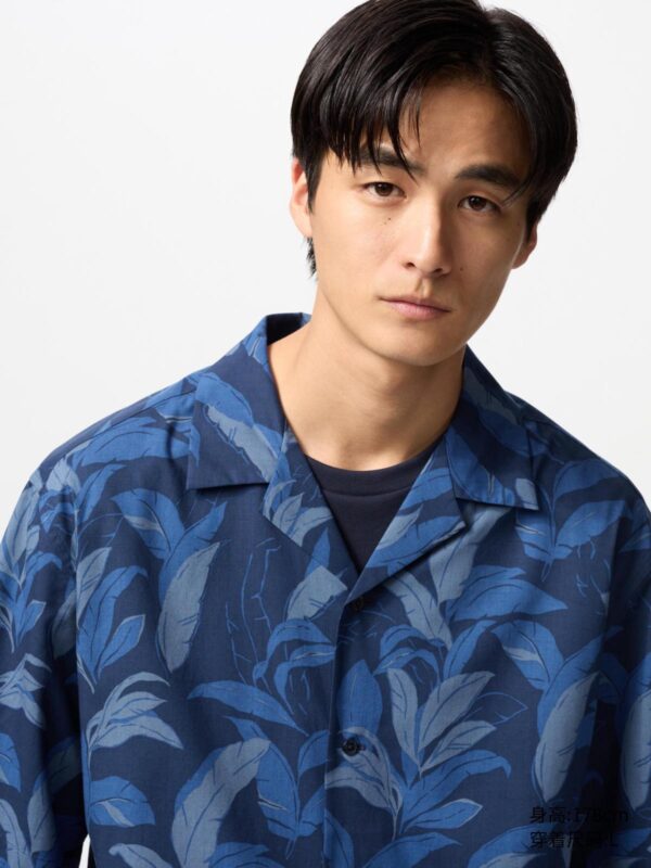 Modal Cotton Blend Printed Open Collar Shirt/Short-sleeved Shirt